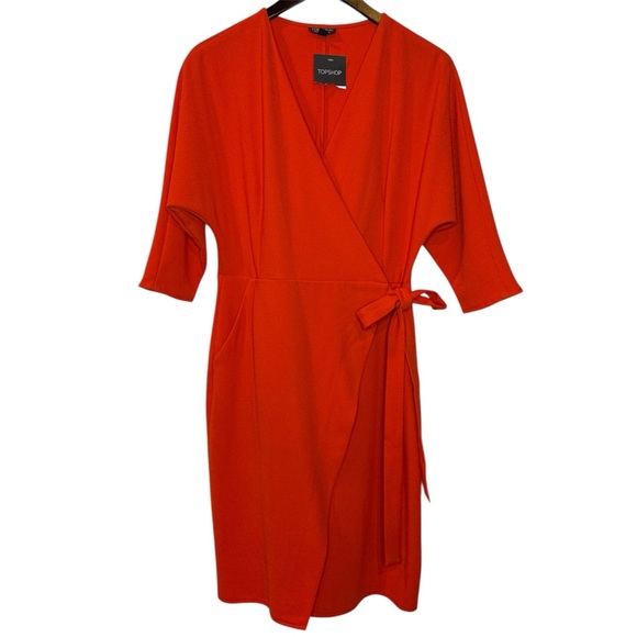 NWT - TOPSHOP Dress Batwing Hot Red Wrap Midi Casual Wear To Work Dress Sz US 6 - Picture 2 of 5